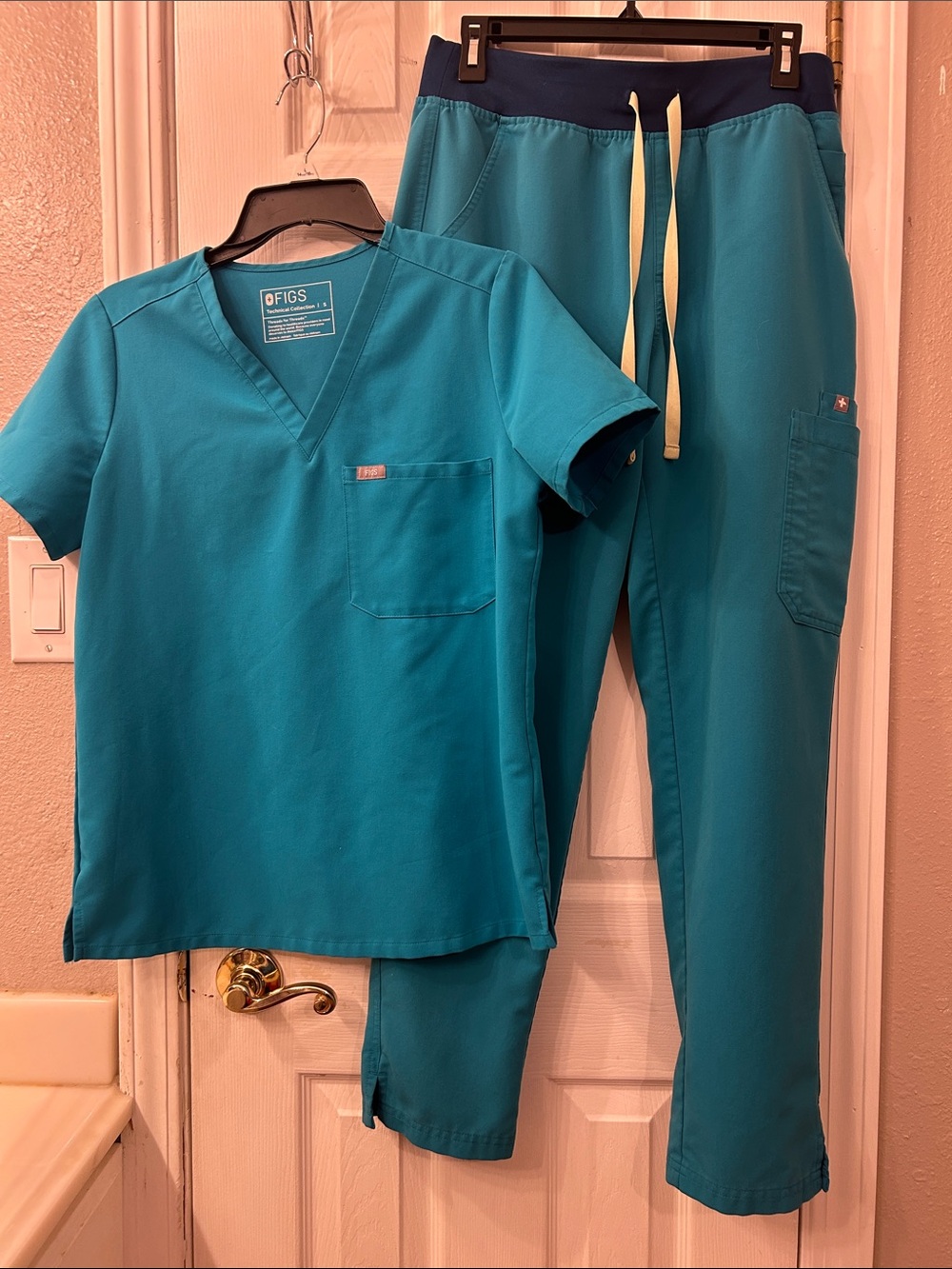 FIGS Teal Scrub Top (Small) with Waistband Pants (Medium)